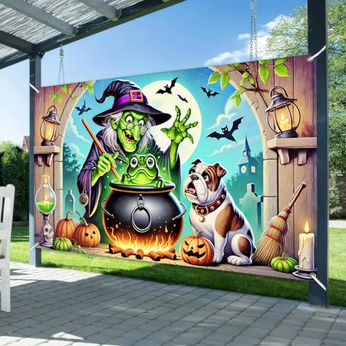 Halloween Haunted House Banner - Dog & Frog Scene, 71x43 in - Halloween Decor with Variation Halloween Decor#004