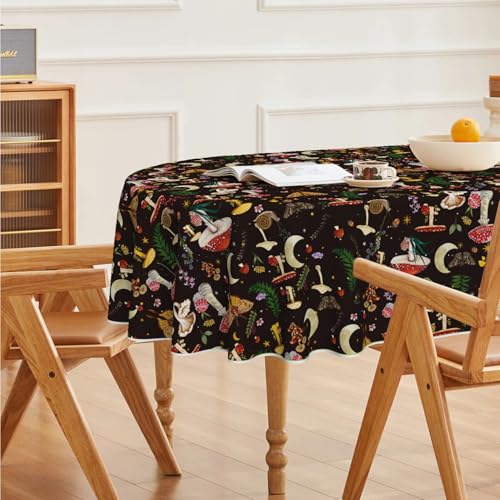 Horaldaily Vintage Mushroom Tablecloth - Black, 60x84 Inch Oval, Durable Polyester