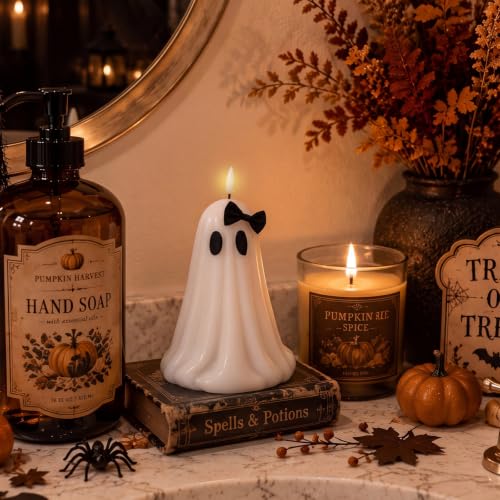 Large Ghost Flameless Candle with Timer - White Halloween LED Candle - 4.3 x 7.9 Inches