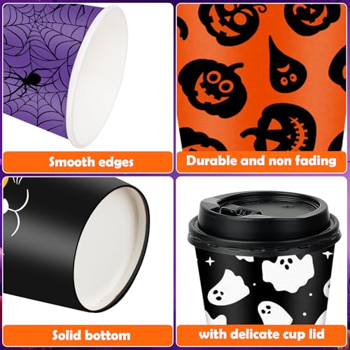 Halloween Ghost Disposable Coffee Cups 12oz Set - 100 Pack with Lids - Spooky Party Drinkware