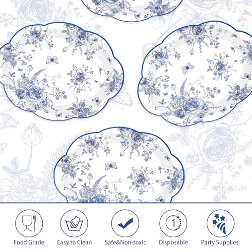 Blue White Floral Oval Plates - 50Pcs 10x12 Inch Chinoiserie Scalloped Dinnerware - Variation: Blue White Floral