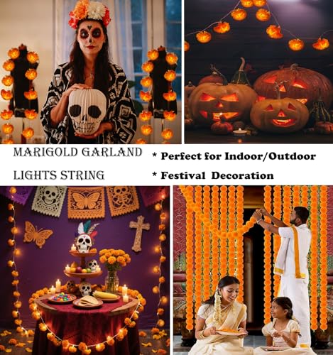 Marigold Garland Lights String - 10ft, 20 LED Artificial Flowers, Ø 3.5 Inches, Day of the Dead & Festival Decor