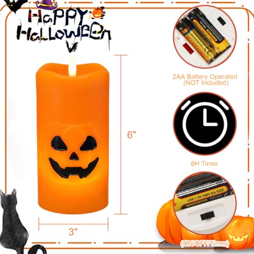 2 Pack Halloween Pumpkin Flameless LED Candles with 6 Hour Timer - Spooky Indoor Decor