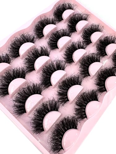 10 Pairs 3D Faux Mink Fluffy Wispy False Eyelashes - Dramatic Cat Eye, 25MM, Variation C012