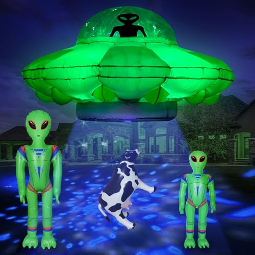 Alien Party Decorations 4.2FT Hanging UFO Cow Abduction Inflatable with 2 Jumbo Aliens & Cow - Halloween Yard Decor with LED Lights