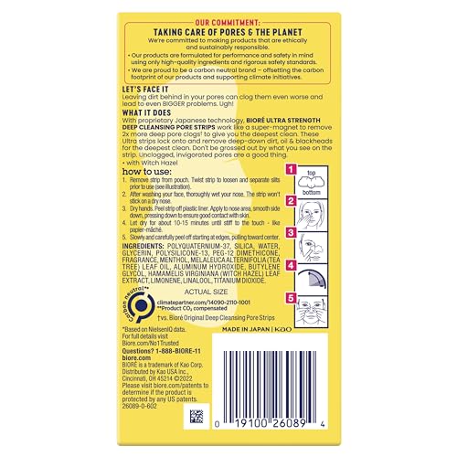 Bioré Witch Hazel Ultra Strength Blackhead Remover Pore Strips, Clears Pores up to 2x More than Original Pore Strips, features C-Bond Technology, Oil-Free, Non-Comedogenic Use, 18 Count