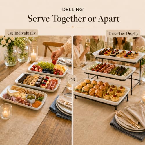 16 Inch 3-Tier Serving Tray Set with Collapsible Stand - Porcelain Platters for Entertaining, White