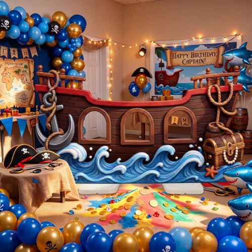 Pirate Ship Cardboard Cutout Stand Up - 4.4 ft Nautical Photo Backdrop for Parties
