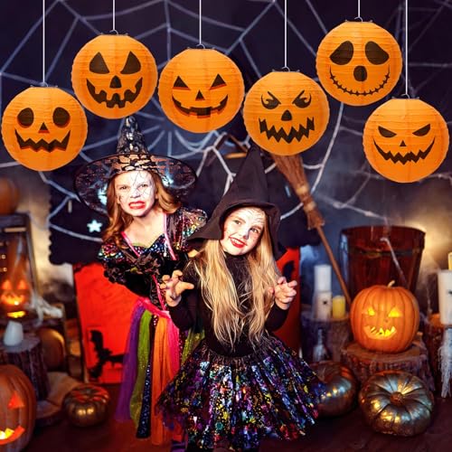 Yellow Halloween Pumpkin Paper Lanterns Set - 12 Pieces, Indoor & Outdoor Decorations