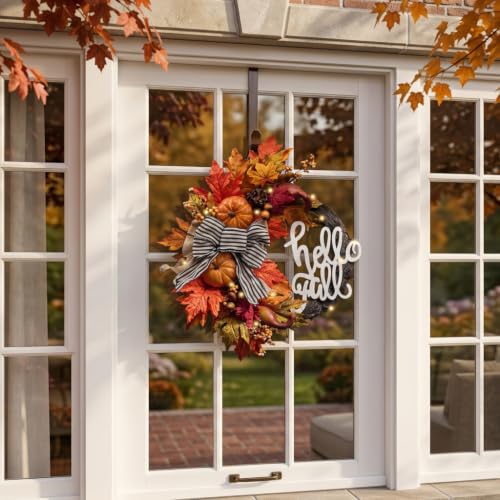 Brown 22-Inch Collapsible Fall Wreath with Pumpkins and Lights - Rustic Door Decor