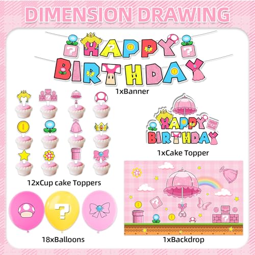 Multicolor Peach Party Decorations Set - Birthday Banner Cake Topper Balloons