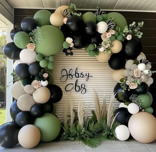 Black Sage Green Balloon Garland Kit - Double Stuffed Olive Green & Nude for Jungle Safari Birthday