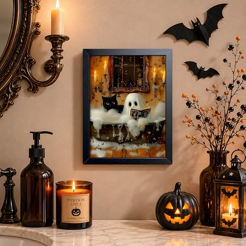 Halloween Ghost and Black Cat Wall Art - Framed 10x8 Inch Halloween Canvas Decor