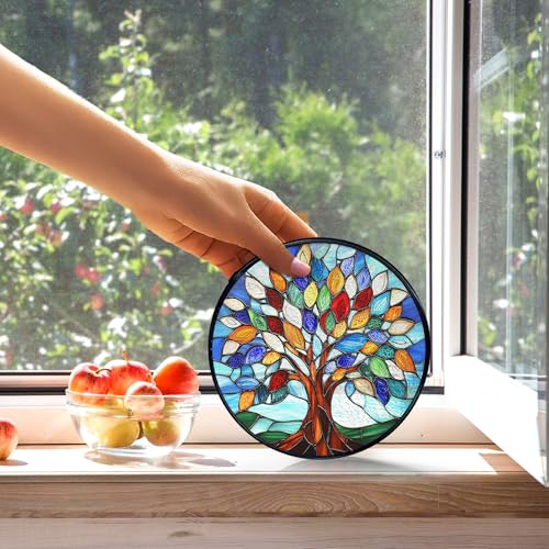 Tree of Life Sun Catcher - Stained Glass Window Hanging, Indoor Wall Decor, 7.9in - Variation of Tree
