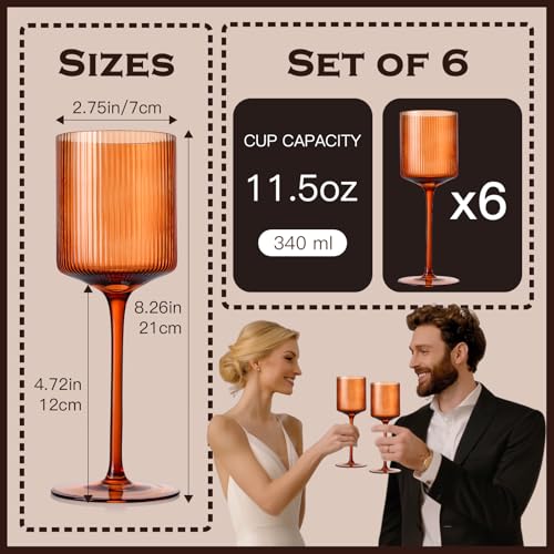 Orange Ribbed Wine Glasses Set of 6 - 11.5oz Stemware for Red & White Wine