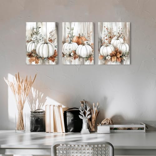 Set of 3 Fall Pumpkin Wall Art Rustic Canvas Prints Farmhouse Thanksgiving 12x16 - Pumpkin