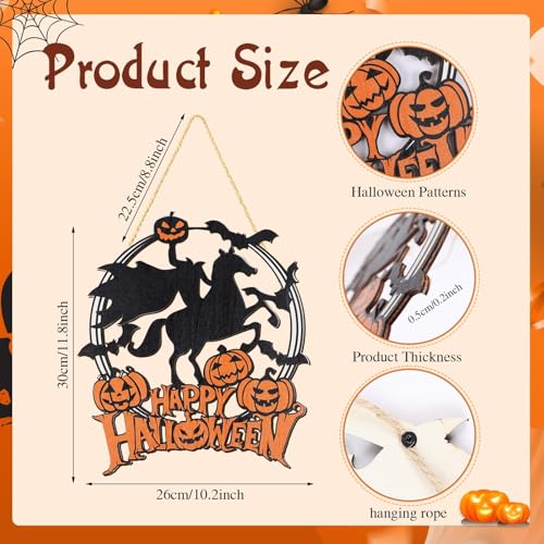 Halloween Welcome Sign for Front Door Headless Horseman Pumpkin Bat Wooden Hanging Sign Halloween Decor