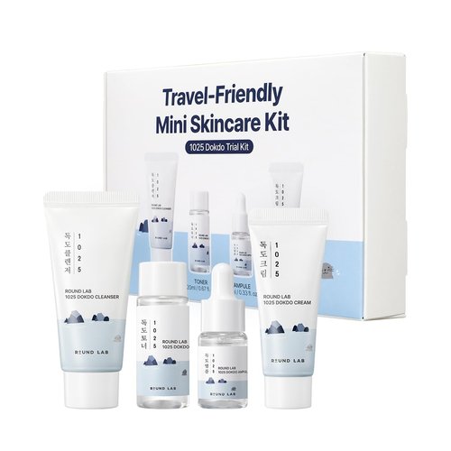ROUND LAB 1025 Dokdo Hydrating Mini Size Kit (Cleanser, Toner, Ampule, Cream), Deep Hydration for Dry Skin, Daily Skin Care Routine Trial Kit for Moisture Care, Travel Size Gift Set, Korean Skin Care