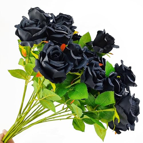 Artificial Black Rose Flowers - 13 Pack, 21 Inch Long Stem Silk Roses for Wedding, Halloween, Party & Home Decor
