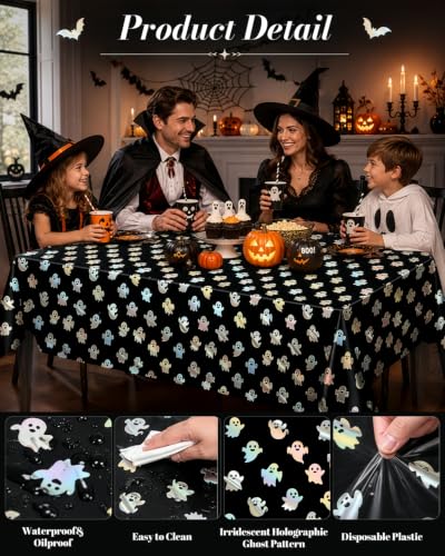 Halloween Ghost Tablecloth Set - 2 Pcs Waterproof 54x108 Inch Black Disposable Cover