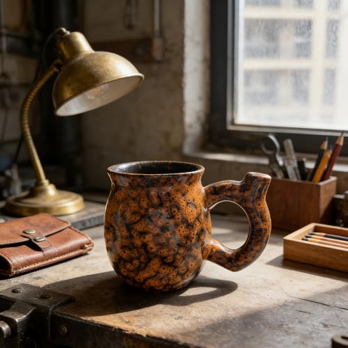 Handcrafted Ceramic Coffee Mug - 13 oz Rustic Orange Handle for Dad