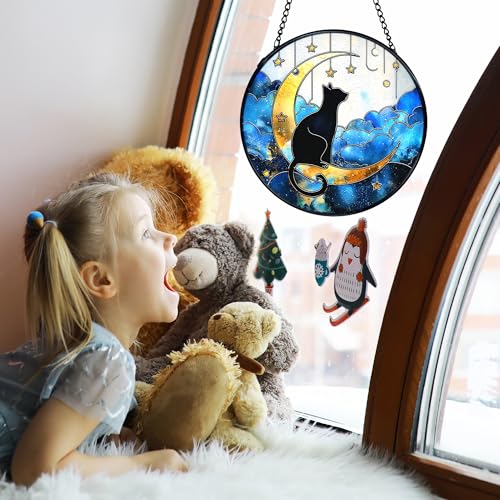 Black Cat on Moon Stained Glass Window Hanging - Celestial Sun Catcher, 7.9 Inches