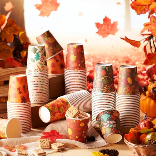 300 Pack Fall Disposable Paper Cups 8 oz Maple Leaves Thanksgiving Party