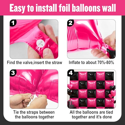 Hot Pink and Black Square Foil Balloon Wall Kit - 36pcs Party Backdrop Variation