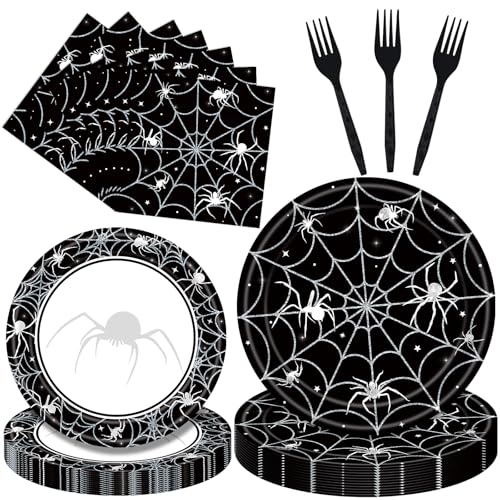 Halloween Spider Web Disposable Party Set - Serves 24 with Plates, Napkins & Forks - Variation: Spiderweb