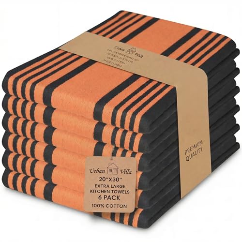 Urban Villa Cotton Kitchen Towels Set of 6 - 20x30 Inches, Orange & Black