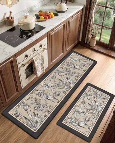 LUMI Anti-Fatigue Kitchen Mats Set of 2 - Cream & Dark Brown, 59" & 30" Length