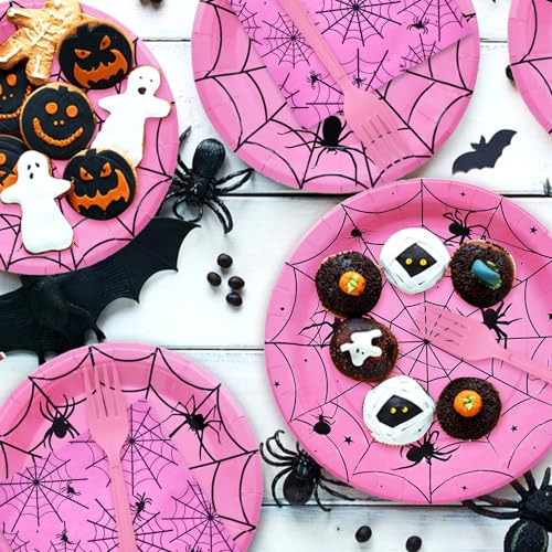 Pink Halloween Spider Web Disposable Dinnerware Set for 24 Guests