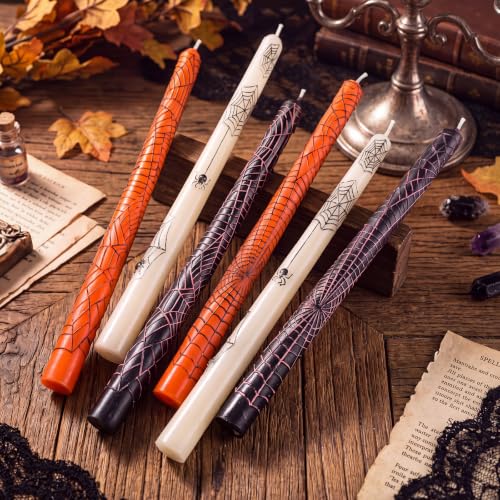 Halloween Spider Web Taper Candles Bulk Set - Spooky Decor, 10 Inch, 3 Colors