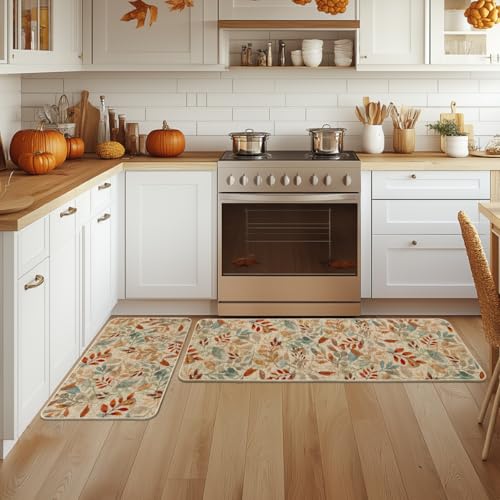 Eucalyptus Leaf Kitchen Mats Set of 2 Non-Slip Durable 17x29 & 17x47 Inches
