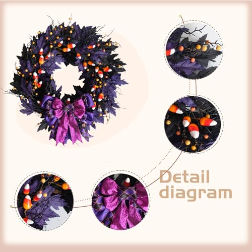 Halloween Door Wreath - 22 Inch Black & Purple Wreath with Witch Ornaments & Bow - Idyllic