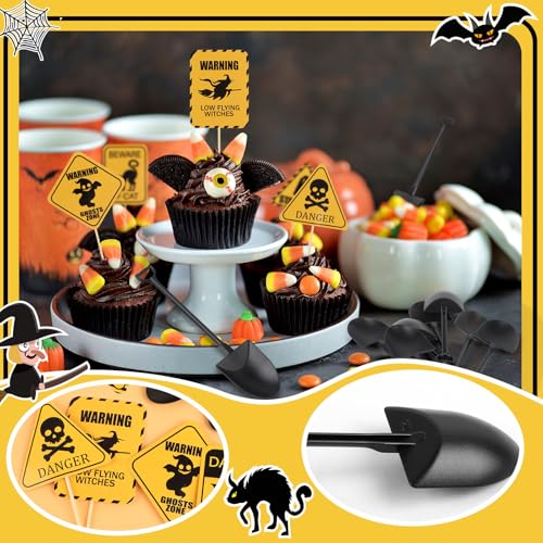 Halloween Cupcake Toppers and Disposable Spoons Set - Zombie Warning Party Decorations