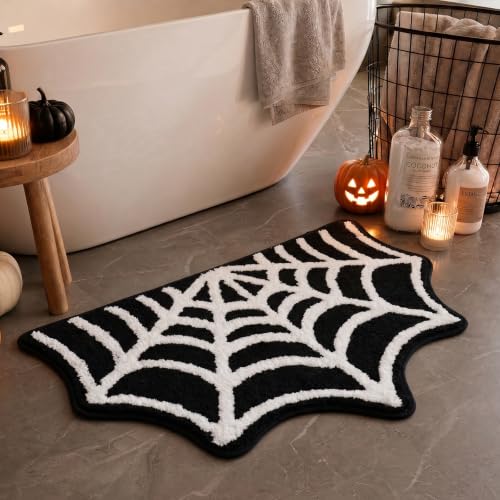 Moutina Spider Web Gothic Bathroom Rug 20x31 Inch Black Halloween Decor