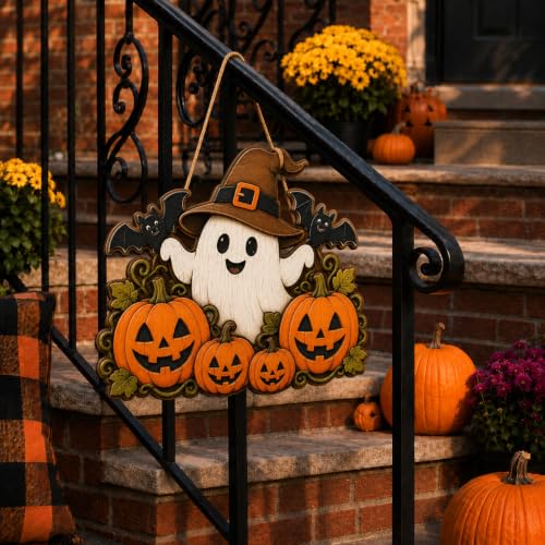 Halloween Ghost Door Hanger - Wooden Witch Hat Pumpkin Wreath Sign - Ghost Witch Pumpkin Variation