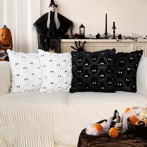 Halloween Ghost Pillow Covers 18x18 Inch Set of 2 - White Faux Fur Decoration