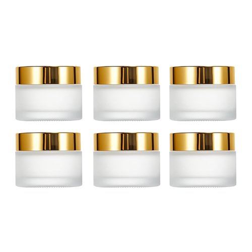 6Packs Round Frosted Glass Jars 30ml/1 OZ Comestic Sample Containers Empty Airtight Glass Jars with Inner Lids & Golden Caps For Storing Lotions Cream Body Butters Powders