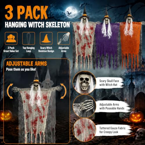 Halloween Skeleton Decorations Set - Red & Orange 43 Inch Hanging Spooky Decor with Poseable Arms for Porch Yard & Party