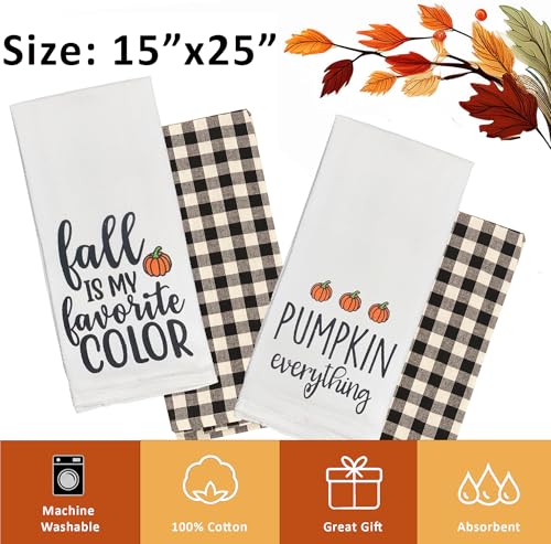 Fall Kitchen Towels Set - Autumn Pumpkin & Buffalo Plaid Dish Towels, 100% Cotton, 15x25 Inches - Fall Dish Towels