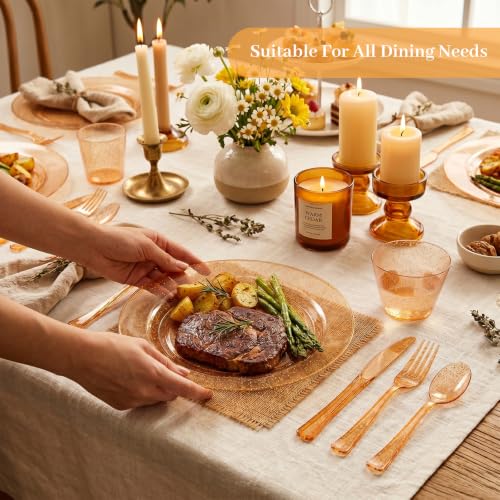 Orange Glitter Plastic Dinnerware Set for 50 Guests - 350 Pieces - Disposable Party Plates, Cups, Silverware & Napkins