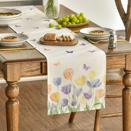 Watercolour Tulip Butterfly Table Runner 13 x 108 Inch Beige Spring Table Decor
