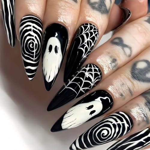 Ghost Swirl Style Halloween Fake Nails - Long Almond Press On Nails with Spider Web Design - Reusable Glossy Artificial Nails for Women