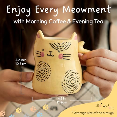 Cat Coffee Mug Set with 3D Ears - 4 Cute Ceramic Cats, 10 oz