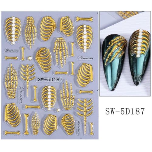 Halloween Skeleton Nail Stickers - White Hand & Rose Gold Bone Design - Variation 15
