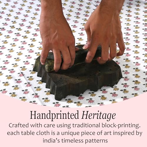 Rosette Bloom Cotton Tablecloth 70x108 Inches - Indian Block Print, Rectangular, Wedding & Party Decor