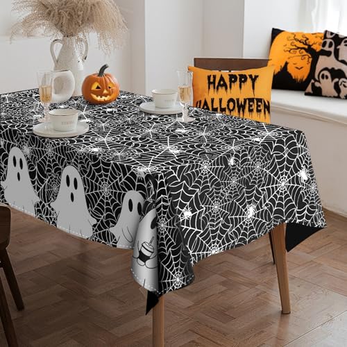 Halloween Spooky Ghost and Spider Web Tablecloth 60x84 Inch Black - Washable & Reusable