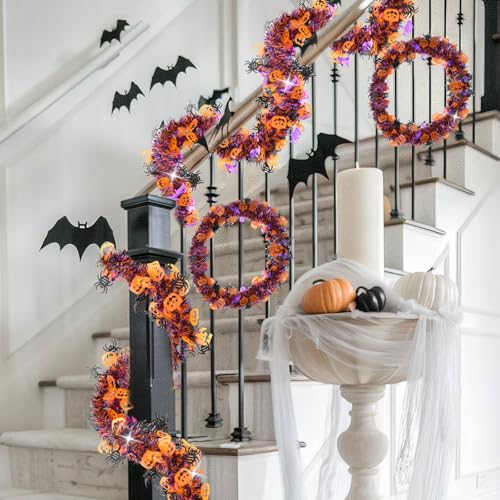 Halloween Tinsel Garland Decorations - Orange, Purple, Black with Pumpkins & Bats - 33 FT - Indoor Outdoor Festive Decor